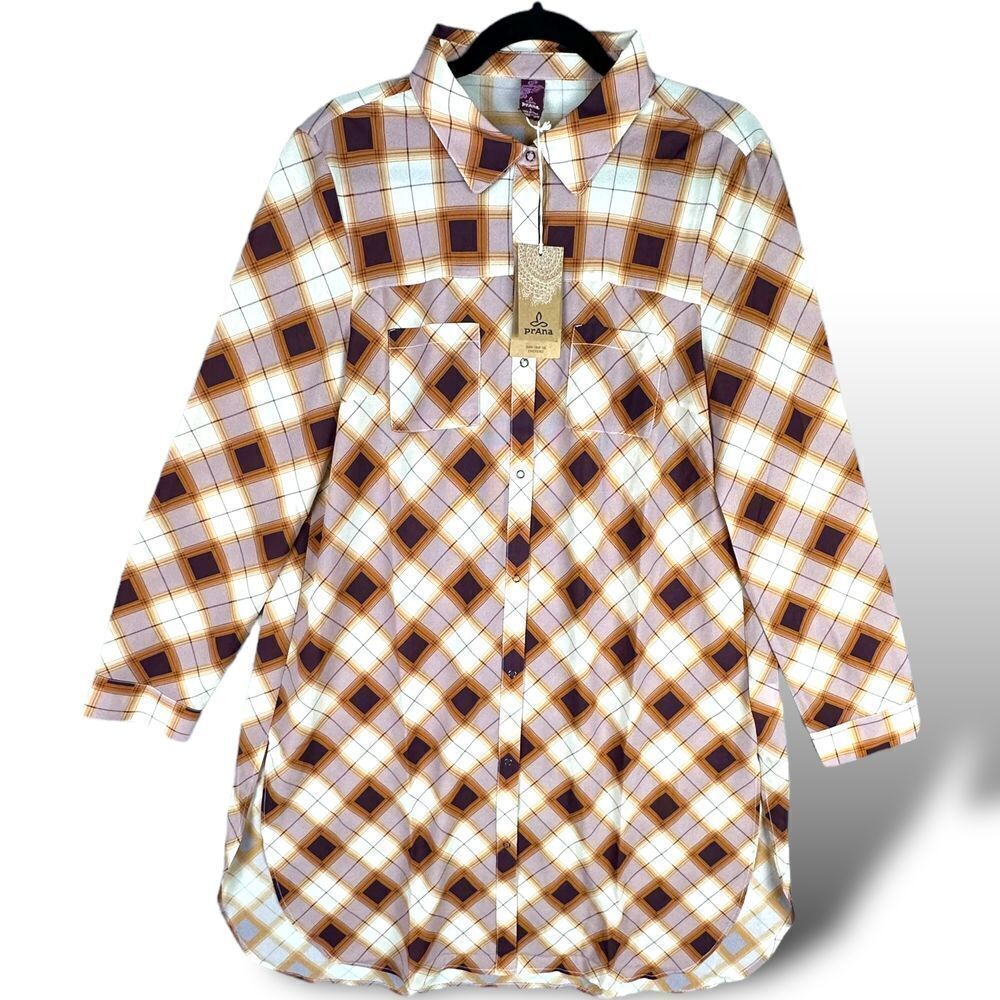 prAna Flint Maxi‎ Shirt Plaid Dark Umber Women's sz Large NWT Flowy Sheer Tunic